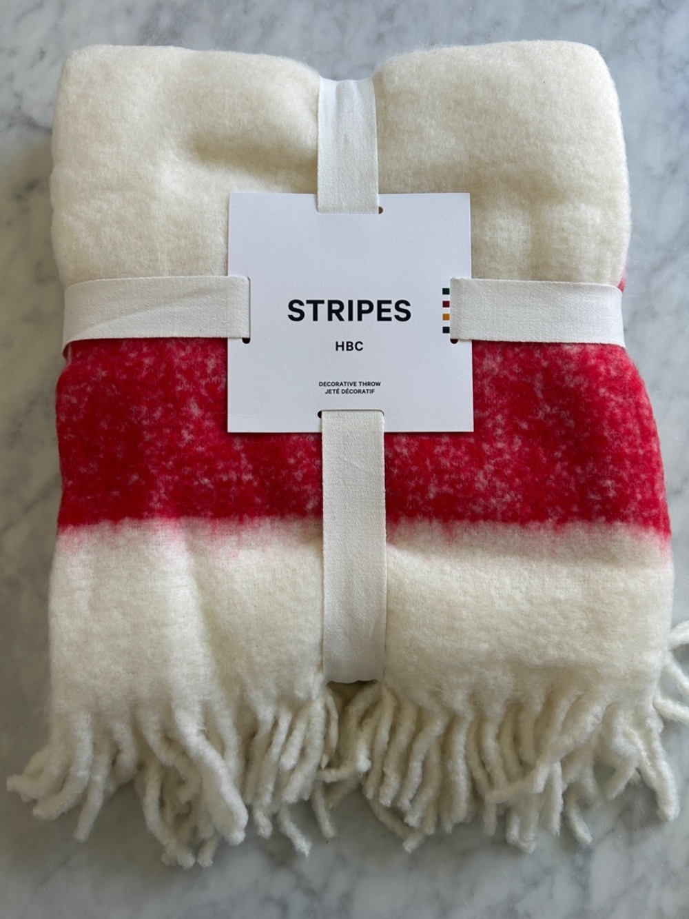 NWT - HBC STRIPES Decorative Wool Throw Blanket - Cream & Red Stripe